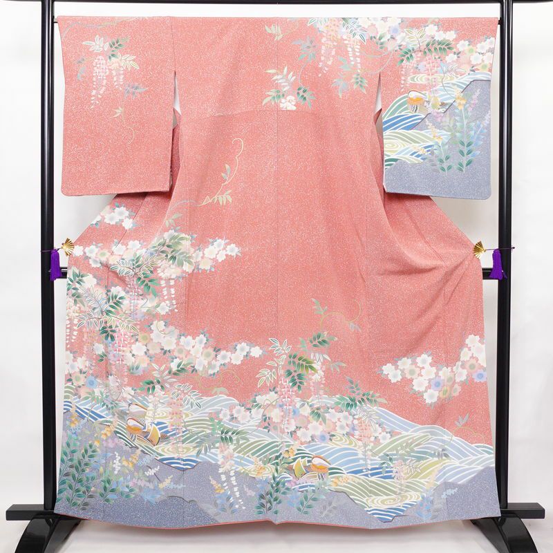 訪問着 辻が花 落款入り 縮緬 絞り 正絹 花柄 袷仕立て 身丈162cm 裄丈