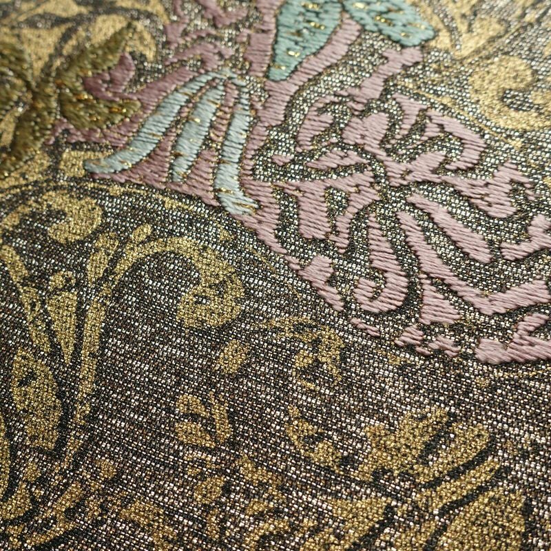 袋帯 全通柄 良品 フォーマル用 正絹 木の葉・植物柄 金糸 帯 茶_画像6