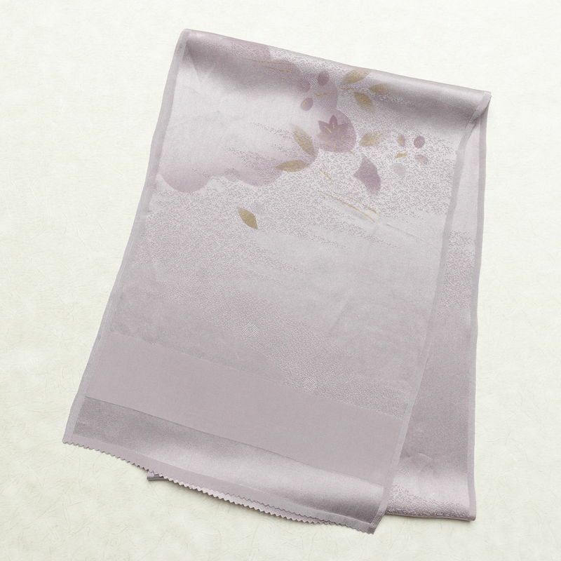 帯揚げ 綸子 正絹 木の葉・植物柄 箔 和装小物 紫・藤色_画像1