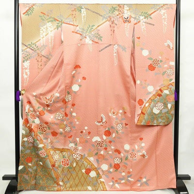 振袖 金駒刺繍 正絹 花柄 袷仕立て 身丈168cm 裄丈67.5cm 箔 金彩 蝶 