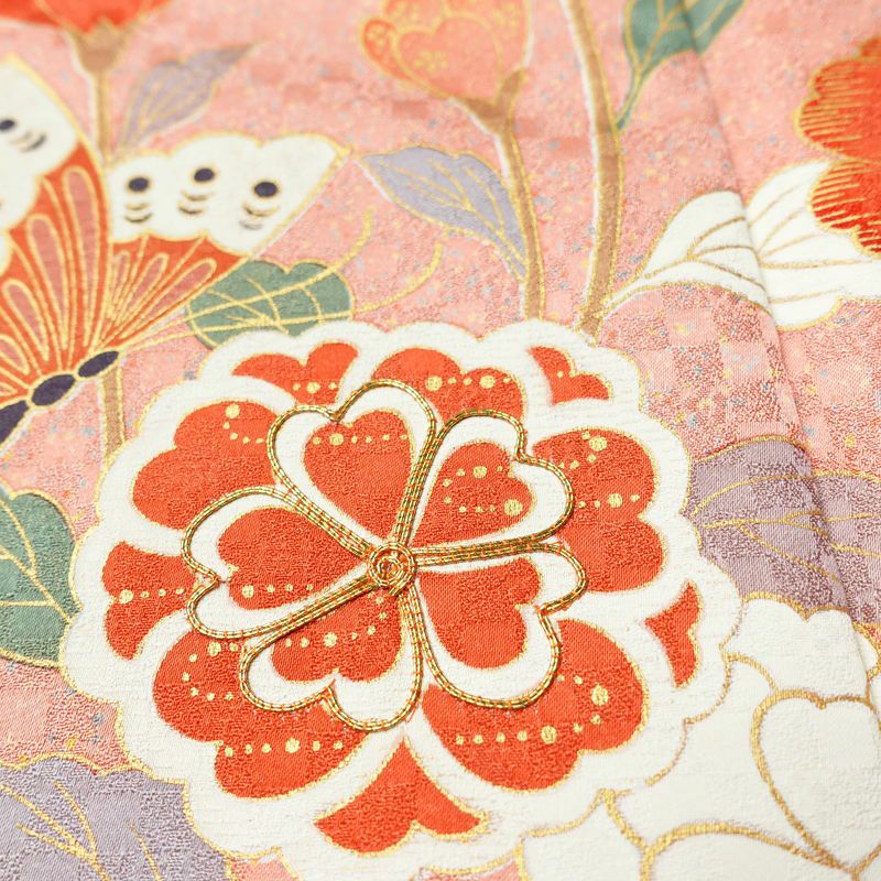 振袖 金駒刺繍 正絹 花柄 袷仕立て 身丈168cm 裄丈67.5cm 箔 金彩 蝶 フォーマル 着物 ピンク_画像8