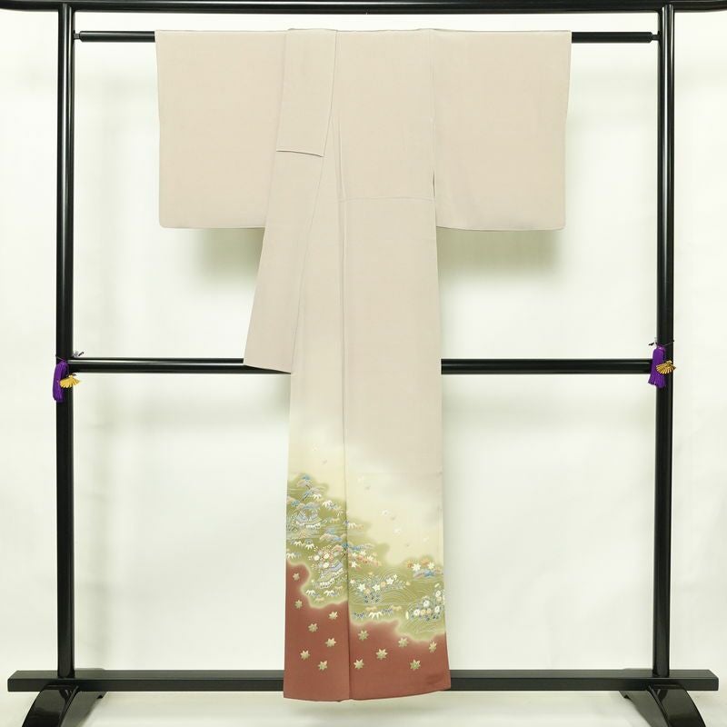 色留袖 三つ紋付き 落款入り 縮緬 正絹 風景柄 袷仕立て 身丈153.5cm 裄丈63cm 共八掛 フォーマル 着物 小豆・エンジ_画像2