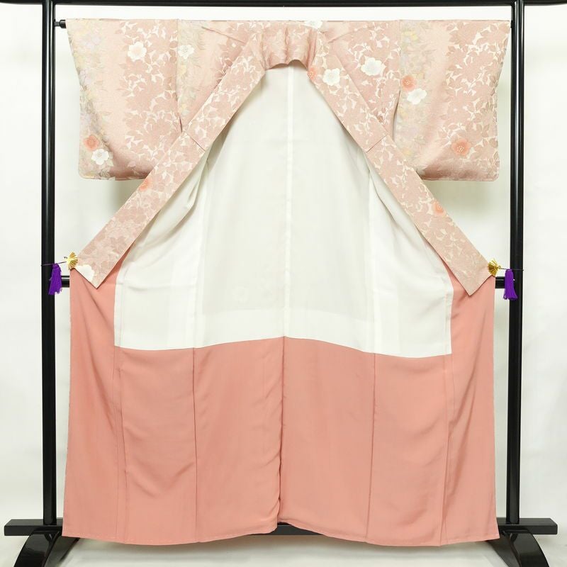 小紋 美品 柄生かし染 しつけ糸付き 一つ紋付き 正絹 花柄 袷仕立て 身丈160cm 裄丈66cm 金彩 着物 ピンク_画像3