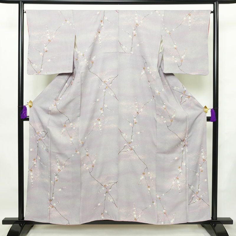 小紋 良品 しつけ糸付き 正絹 花柄 袷仕立て 身丈157.5cm 裄丈66.5cm 箔 着物 紫・藤色_画像1