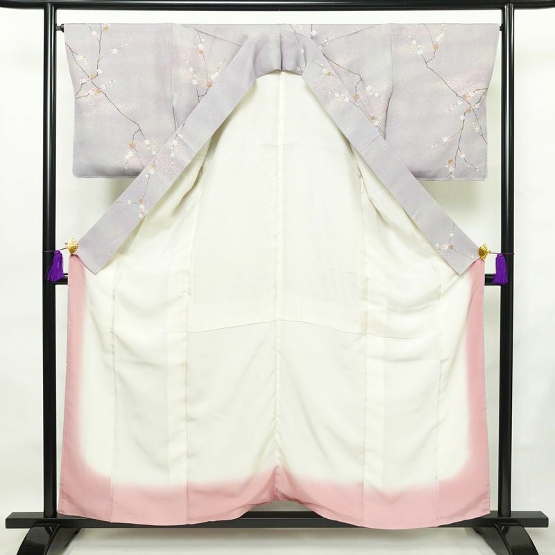 小紋 良品 しつけ糸付き 正絹 花柄 袷仕立て 身丈157.5cm 裄丈66.5cm 箔 着物 紫・藤色_画像3