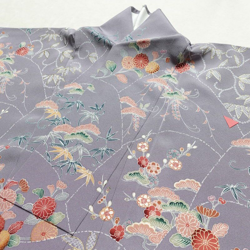 訪問着 良品 しつけ糸付き 正絹 木の葉・植物柄 袷仕立て 身丈165.5cm 裄丈66.5cm 共八掛 金彩 フォーマル 着物 紫・藤色_画像16