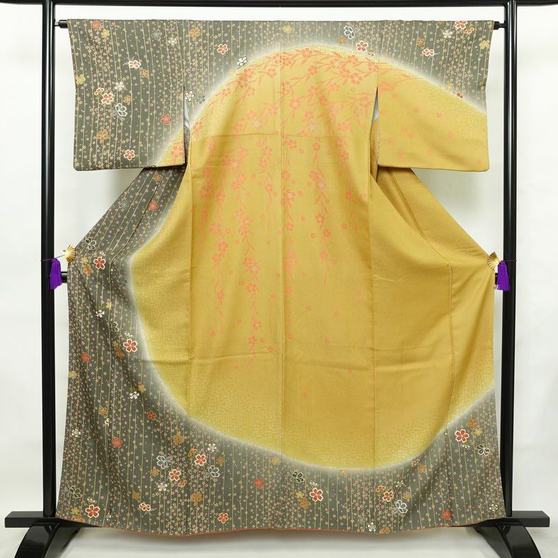 訪問着 良品 正絹 花柄 袷仕立て 身丈159.5cm 裄丈64cm 箔 金彩 フォーマル 着物 黄・黄土色_画像1