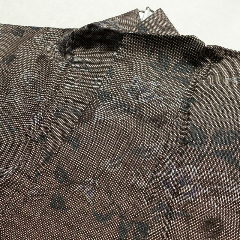 大島紬 良品 純泥染 証紙あり 正絹 木の葉・植物柄 袷仕立て 身丈159.5cm 裄丈63cm 着物 茶_画像14