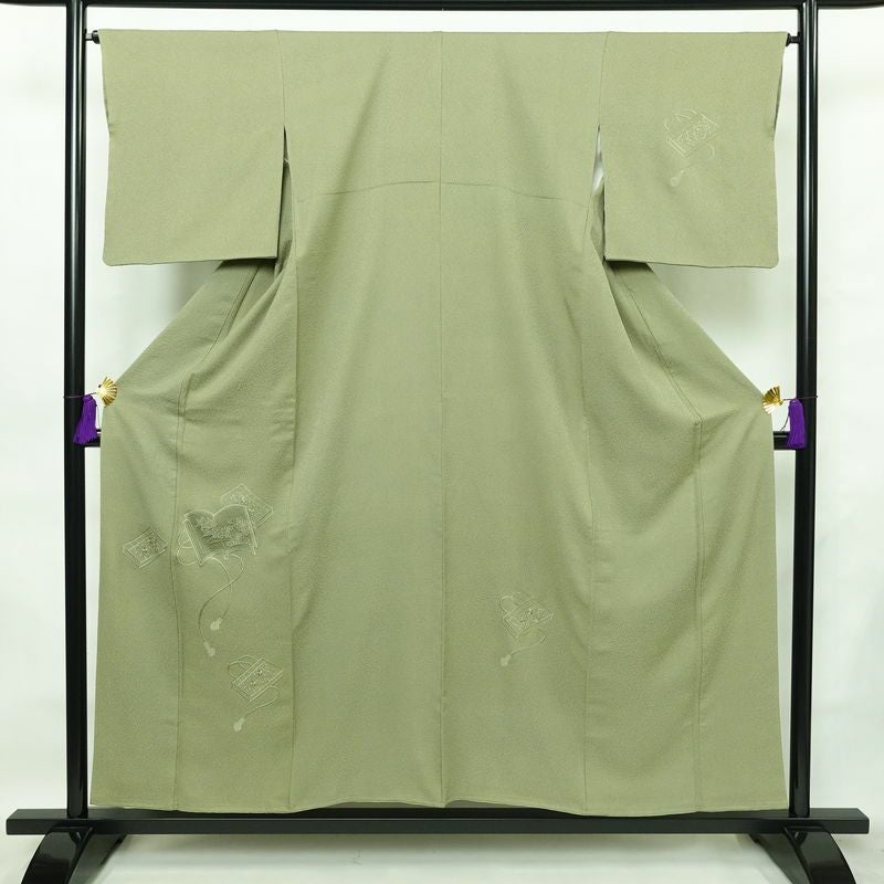 付け下げ 正絹 古典柄 袷仕立て 身丈154cm 裄丈66cm 刺繍 フォーマル 着物 緑・うぐいす色_画像1