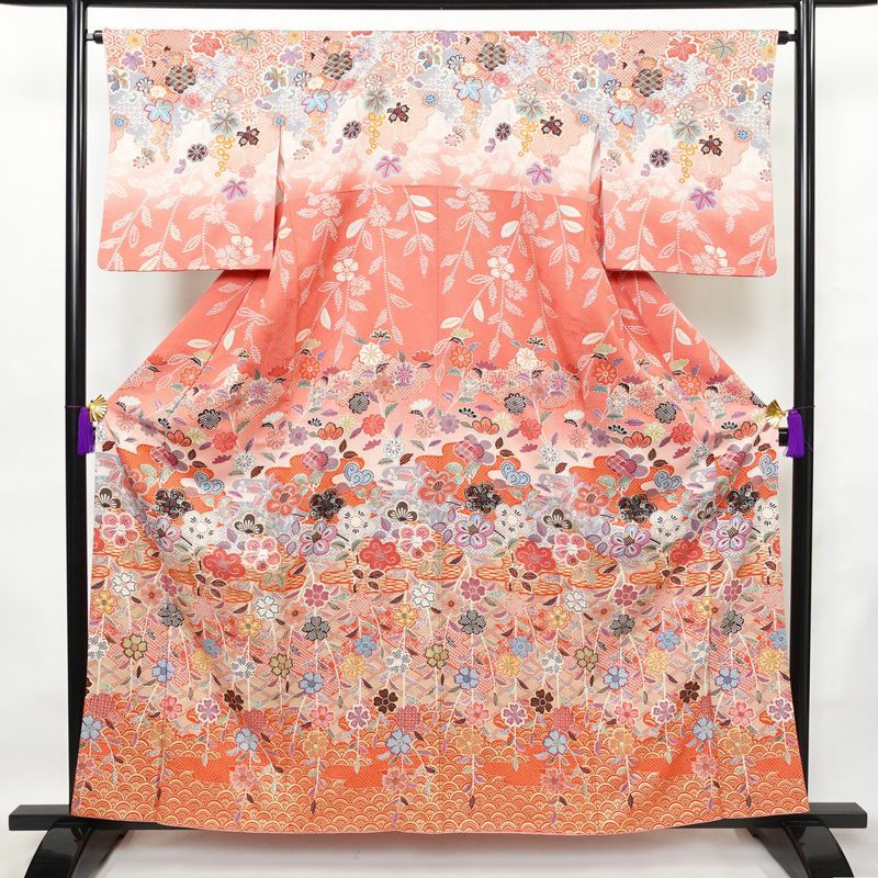 訪問着 美品 正絹 花柄 袷仕立て 身丈158.5cm 裄丈65cm 箔 金彩 フォーマル 華やか 着物 ピンク_画像1