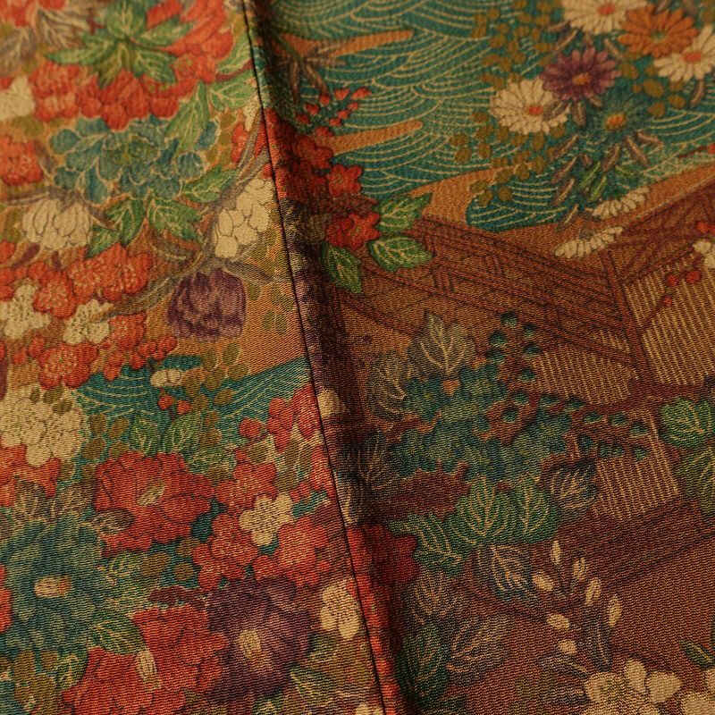 小紋 縮緬 総柄 正絹 花柄 袷仕立て 身丈162.5cm 裄丈66.5cm 一部しつけ糸付き 着物 茶_画像11