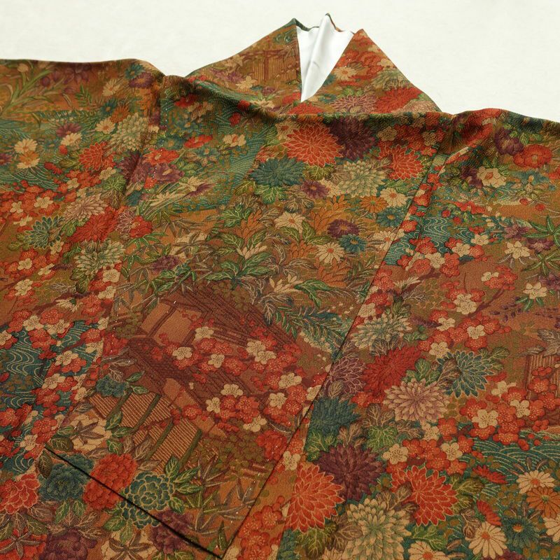 小紋 縮緬 総柄 正絹 花柄 袷仕立て 身丈162.5cm 裄丈66.5cm 一部しつけ糸付き 着物 茶_画像16