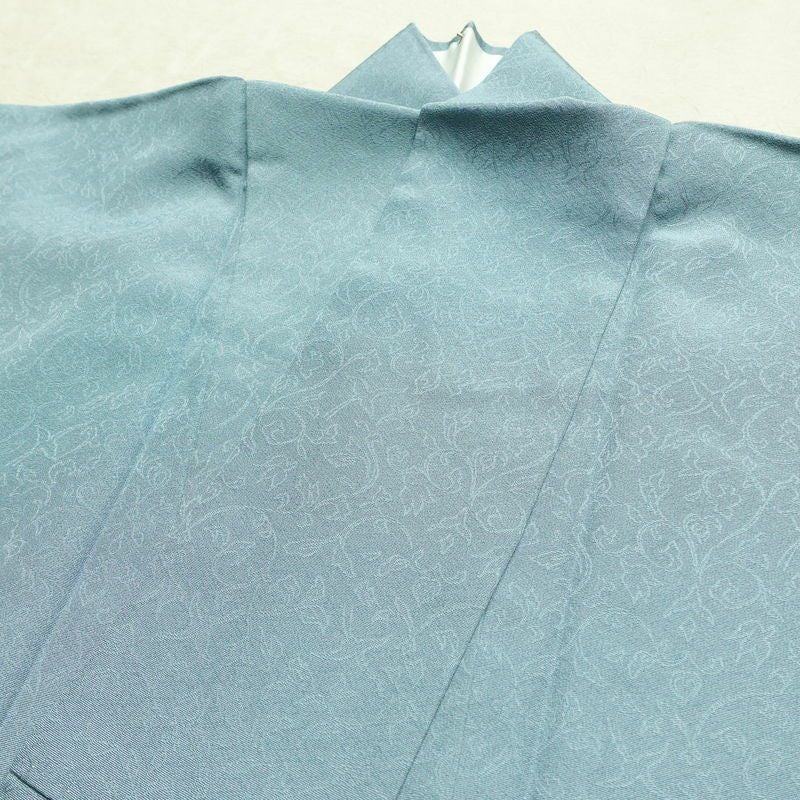 色無地 美品 しつけ糸付き 縮緬 一つ紋付き 正絹 木の葉・植物柄 袷仕立て 身丈158.5cm 裄丈65.5cm 共八掛 フォーマル 着物 青・紺_画像16