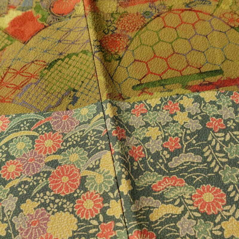 訪問着 良品 三橋観雪 落款入り 縮緬 正絹 木の葉・植物柄 袷仕立て 身丈165cm 裄丈68.5cm フォーマル 着物 多色使い_画像10