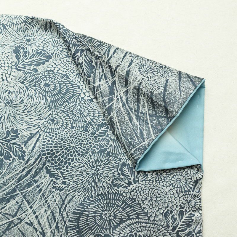 小紋 良品 しつけ糸付き 正絹 花柄 袷仕立て 身丈167cm 裄丈68.5cm 着物 青・紺_画像14