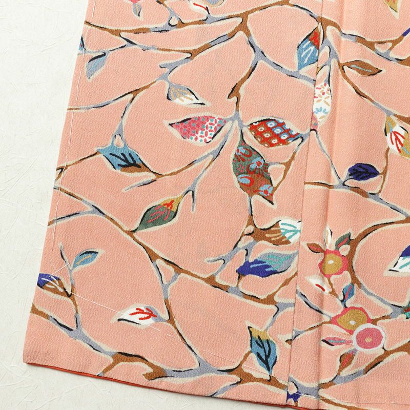 小紋 美品 しつけ糸付き 縮緬 総柄 正絹 木の葉・植物柄 袷仕立て 身丈163.5cm 裄丈67.5cm 着物 ピンク_画像12