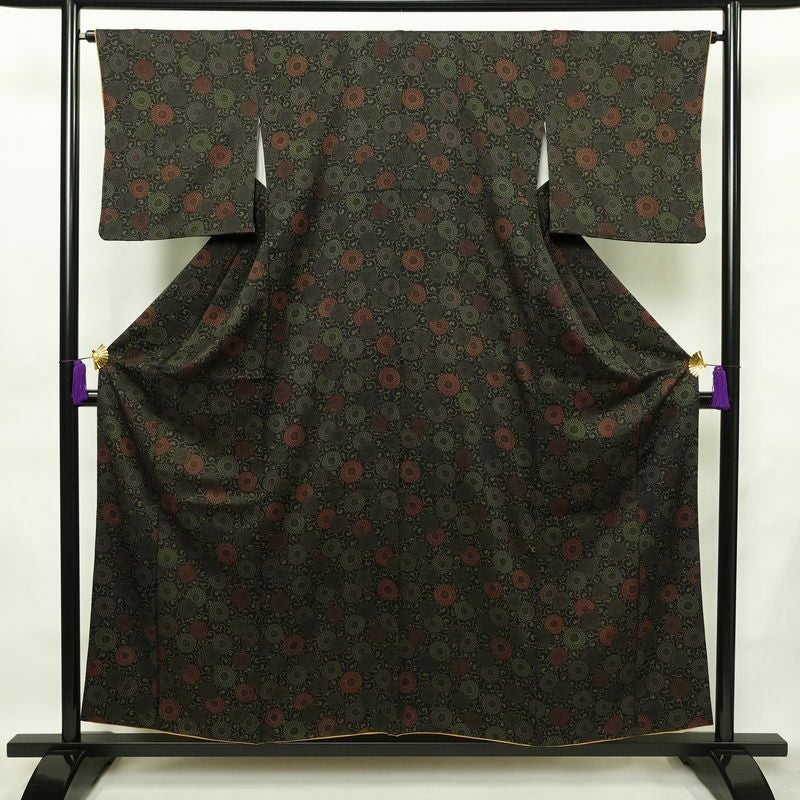 小紋 良品 総柄 正絹 花柄 袷仕立て 身丈156cm 裄丈65cm 菊 着物 黒_画像1