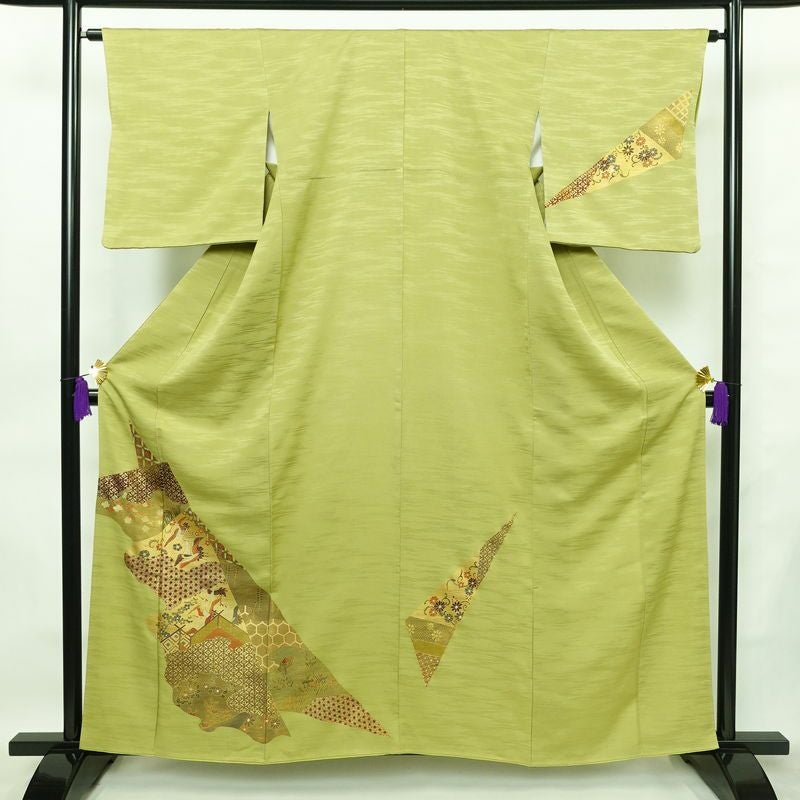 付け下げ 良品 金駒刺繍 正絹 古典柄 袷仕立て 身丈159.5cm 裄丈64.5cm 箔 フォーマル 着物 緑・うぐいす色_画像1