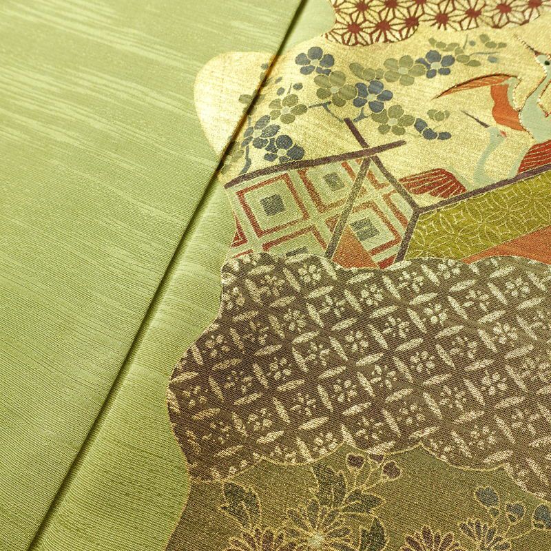 付け下げ 良品 金駒刺繍 正絹 古典柄 袷仕立て 身丈159.5cm 裄丈64.5cm 箔 フォーマル 着物 緑・うぐいす色_画像10