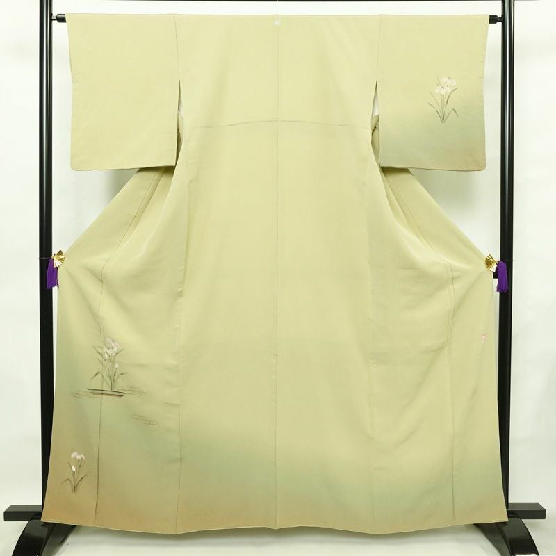 付け下げ 落款入り 縮緬 絞り 一つ紋付き 正絹 木の葉・植物柄 袷仕立て 身丈161.5cm 裄丈64.5cm 金彩 フォーマル 着物 黄・黄土色_画像1