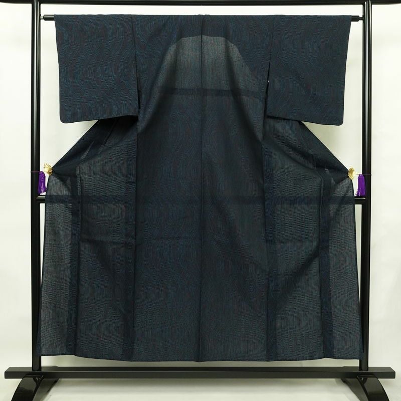 盛夏 良品 正絹 流水・波柄 単衣仕立て 身丈154.5cm 裄丈63cm 着物 青・紺_画像1