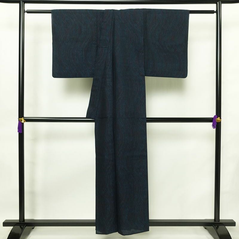 盛夏 良品 正絹 流水・波柄 単衣仕立て 身丈154.5cm 裄丈63cm 着物 青・紺_画像2