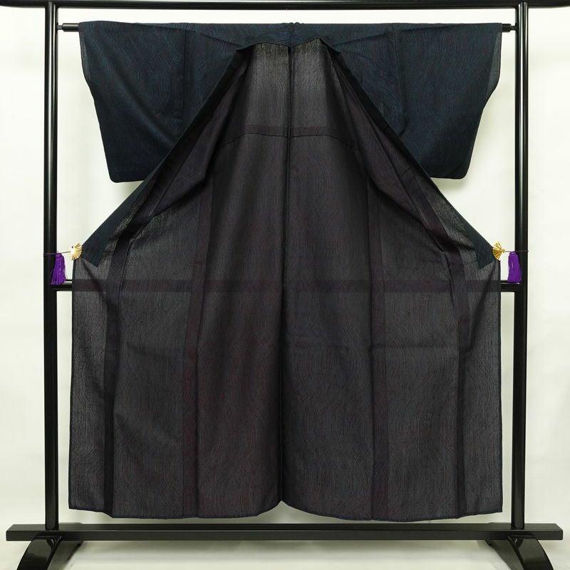 盛夏 良品 正絹 流水・波柄 単衣仕立て 身丈154.5cm 裄丈63cm 着物 青・紺_画像3