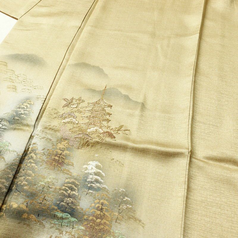 付け下げ 正絹 風景柄 袷仕立て 身丈157cm 裄丈65.5cm 箔 金彩 金糸 フォーマル 着物 ベージュ_画像5