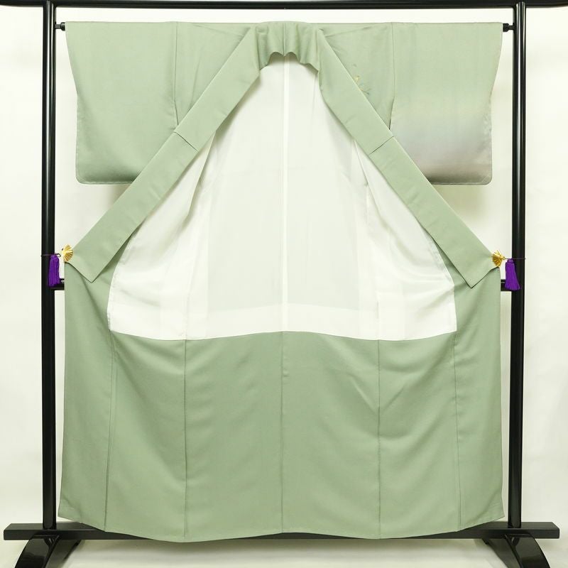 付け下げ 美品 しつけ糸付き 正絹 木の葉・植物柄 袷仕立て 身丈158cm 裄丈65cm 刺繍 共八掛 フォーマル 着物 緑・うぐいす色_画像3