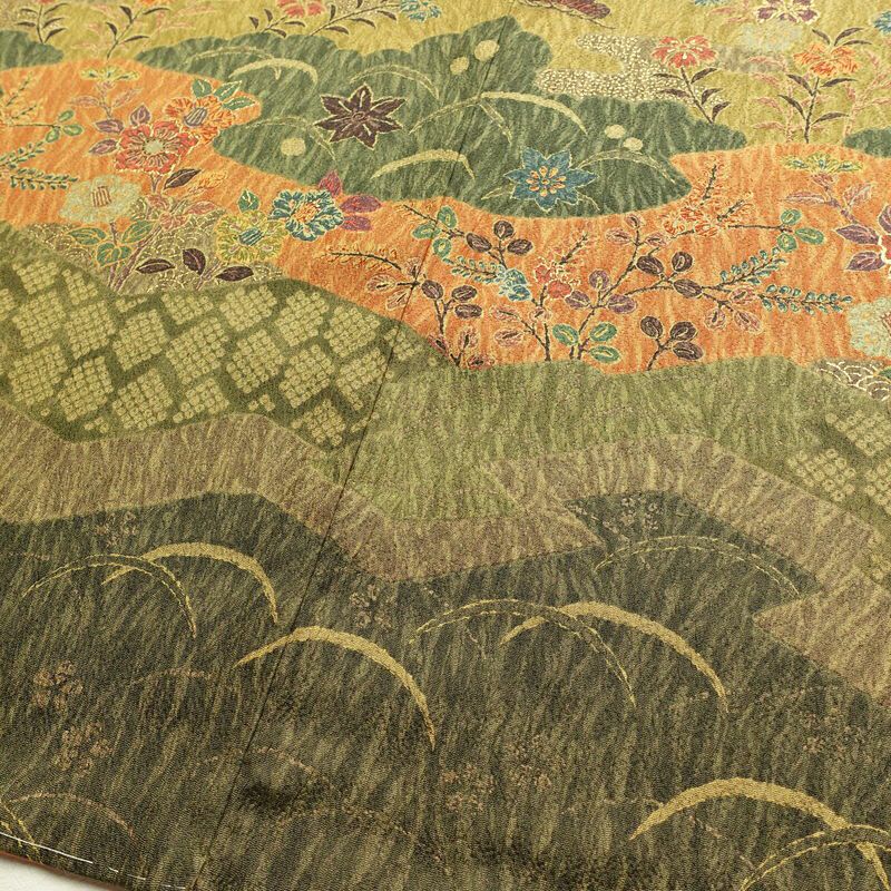 小紋 良品 しつけ糸付き 総柄 付下小紋 正絹 木の葉・植物柄 袷仕立て 身丈165.5cm 裄丈65.5cm 金彩 着物 黄・黄土色_画像12