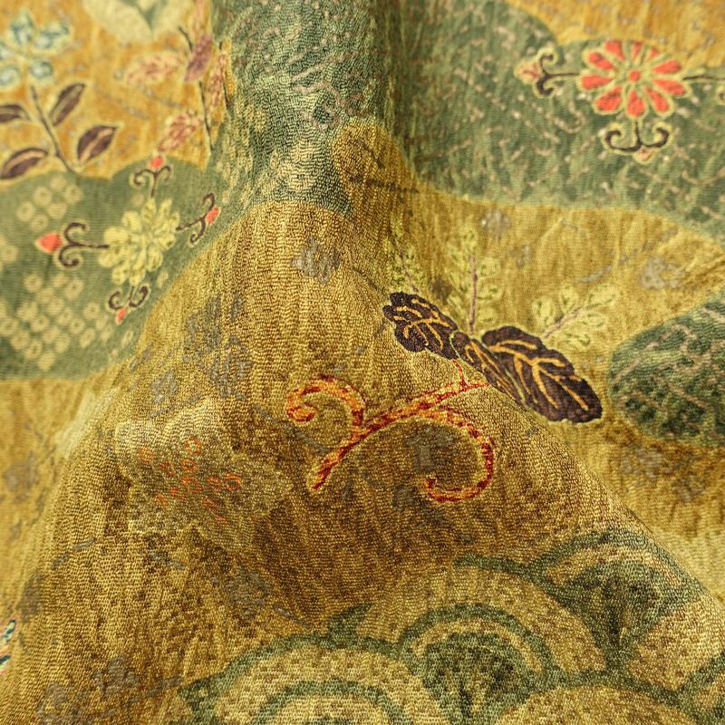 小紋 良品 しつけ糸付き 総柄 付下小紋 正絹 木の葉・植物柄 袷仕立て 身丈165.5cm 裄丈65.5cm 金彩 着物 黄・黄土色_画像21
