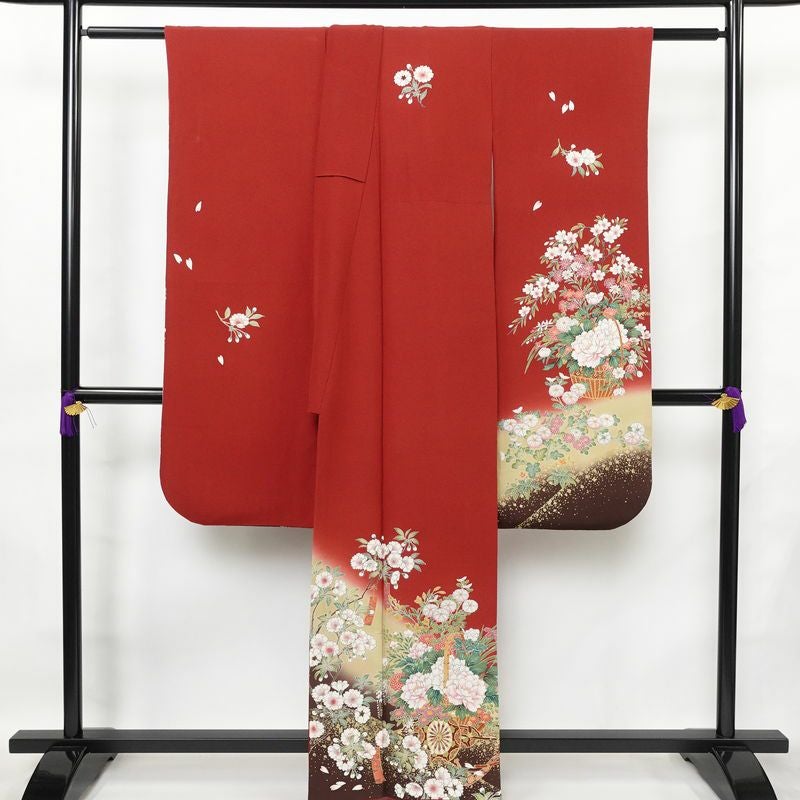 振袖 縮緬 正絹 花柄 袷仕立て 身丈159.5cm 裄丈65.5cm 箔 金彩 フォーマル 二十歳 着物 赤・朱_画像2