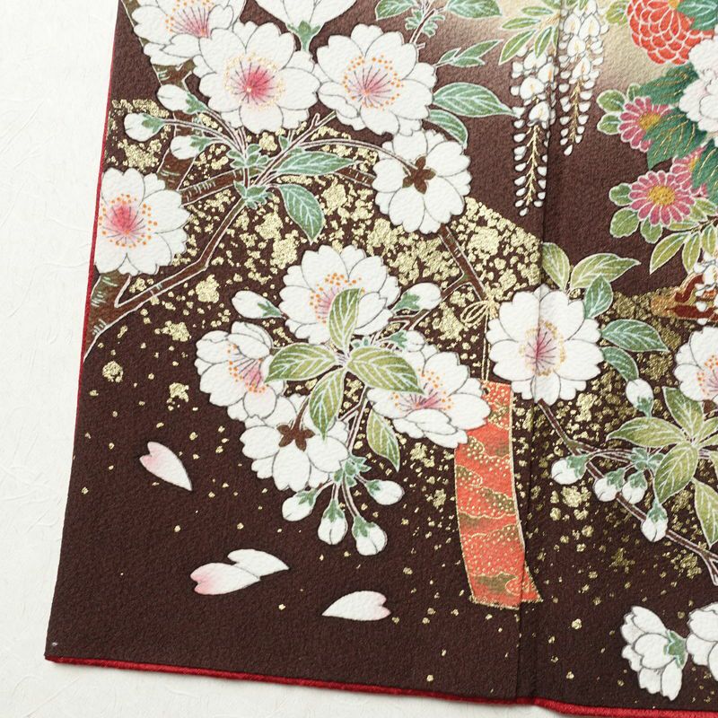 振袖 縮緬 正絹 花柄 袷仕立て 身丈159.5cm 裄丈65.5cm 箔 金彩 フォーマル 二十歳 着物 赤・朱_画像12