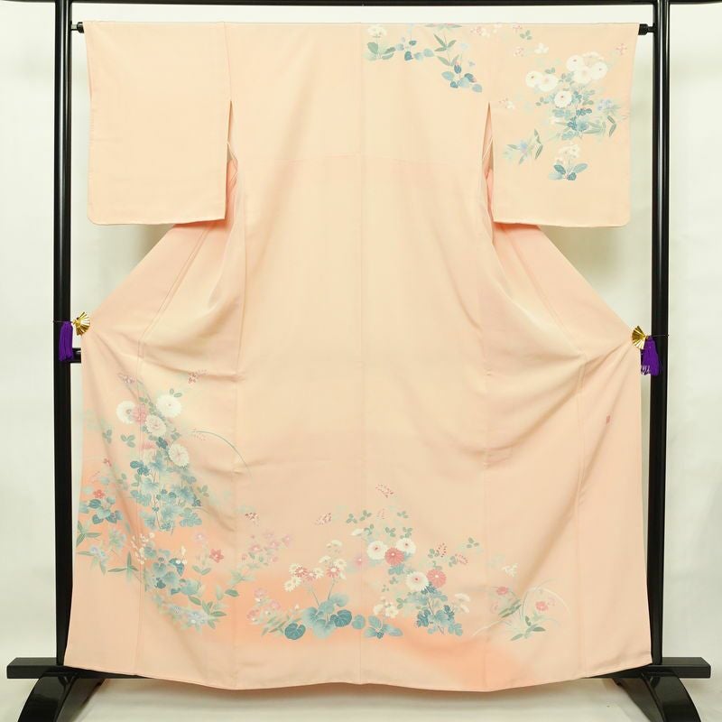 訪問着 加賀友禅 良品 落款入り 浜ちりめん 縮緬 正絹 花柄 袷仕立て 身丈160.5cm 裄丈65cm 一部しつけ糸付き 共八掛 フォーマル 着物 ピンク_画像1