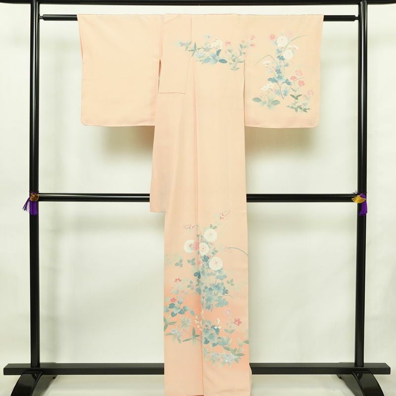 訪問着 加賀友禅 良品 落款入り 浜ちりめん 縮緬 正絹 花柄 袷仕立て 身丈160.5cm 裄丈65cm 一部しつけ糸付き 共八掛 フォーマル 着物 ピンク_画像2