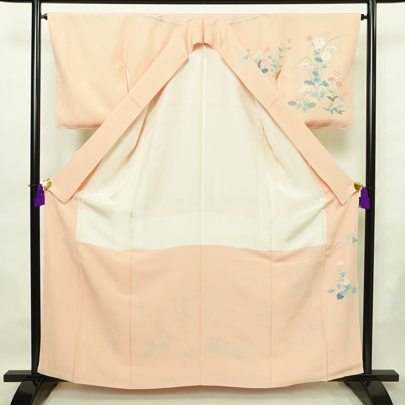 訪問着 加賀友禅 良品 落款入り 浜ちりめん 縮緬 正絹 花柄 袷仕立て 身丈160.5cm 裄丈65cm 一部しつけ糸付き 共八掛 フォーマル 着物 ピンク_画像3