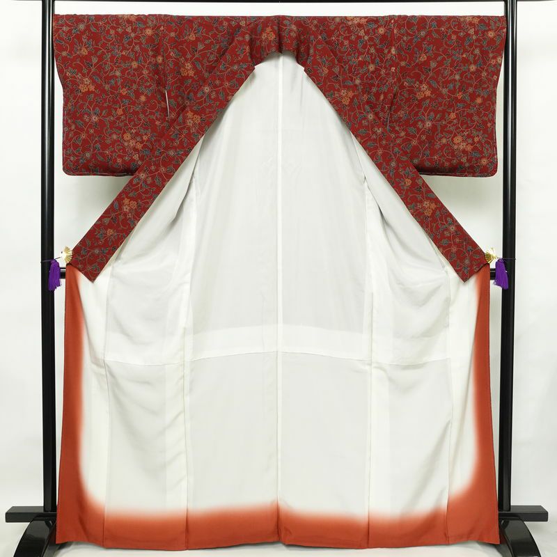 小紋 良品 縮緬 総柄 正絹 木の葉・植物柄 袷仕立て 身丈166cm 裄丈69.5cm 一部しつけ糸付き 着物 小豆・エンジ_画像3