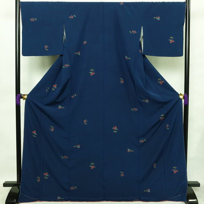 小紋 しつけ糸付き 縮緬 飛び柄 正絹 花柄 袷仕立て 身丈172cm 裄丈69cm 金彩 着物 青・紺_画像1