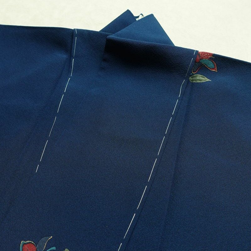 小紋 しつけ糸付き 縮緬 飛び柄 正絹 花柄 袷仕立て 身丈172cm 裄丈69cm 金彩 着物 青・紺_画像16