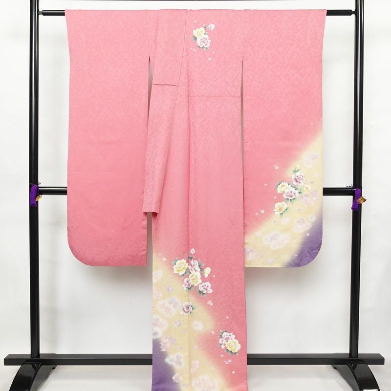 振袖 正絹 花柄 袷仕立て 身丈167.5cm 裄丈69cm 金彩 着物 二十歳 ピンク_画像2
