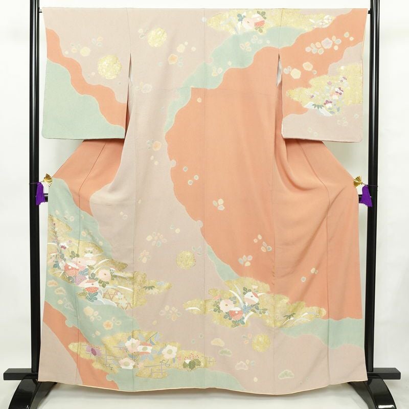 訪問着 良品 縮緬 絞り 一つ紋付き 正絹 花柄 袷仕立て 身丈162cm 裄丈67cm 箔 菊 フォーマル 着物 ピンク_画像1