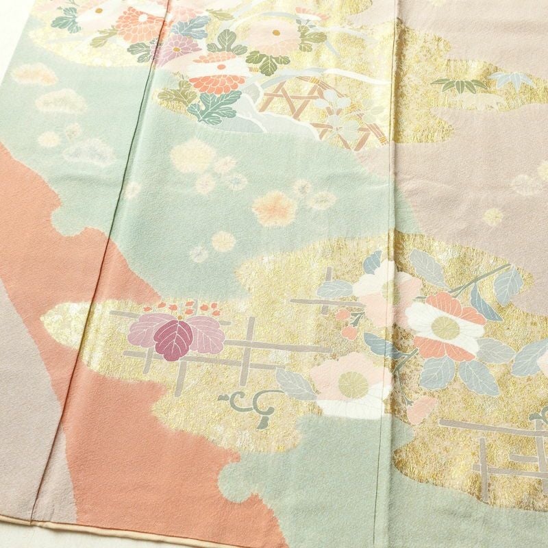 訪問着 良品 縮緬 絞り 一つ紋付き 正絹 花柄 袷仕立て 身丈162cm 裄丈67cm 箔 菊 フォーマル 着物 ピンク_画像4