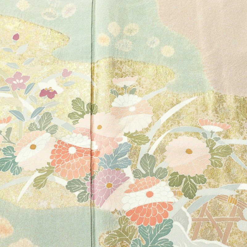 訪問着 良品 縮緬 絞り 一つ紋付き 正絹 花柄 袷仕立て 身丈162cm 裄丈67cm 箔 菊 フォーマル 着物 ピンク_画像6