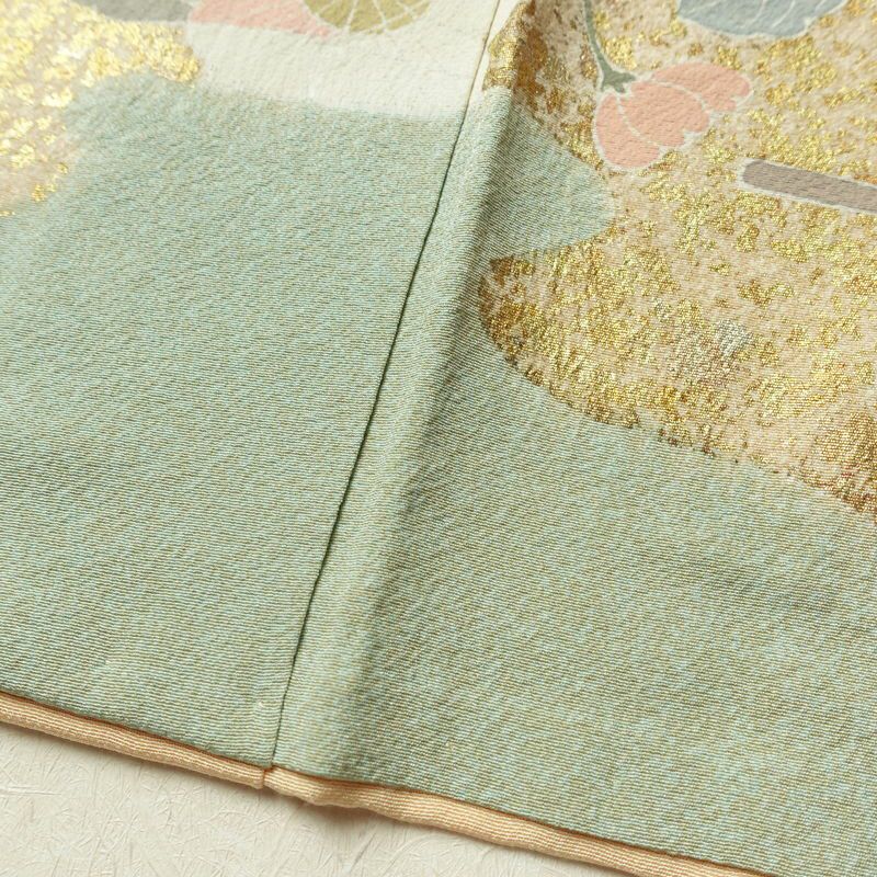 訪問着 良品 縮緬 絞り 一つ紋付き 正絹 花柄 袷仕立て 身丈162cm 裄丈67cm 箔 菊 フォーマル 着物 ピンク_画像11