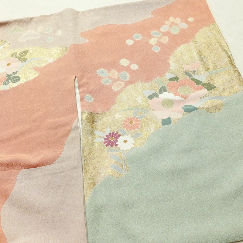訪問着 良品 縮緬 絞り 一つ紋付き 正絹 花柄 袷仕立て 身丈162cm 裄丈67cm 箔 菊 フォーマル 着物 ピンク_画像14