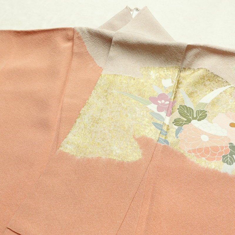 訪問着 良品 縮緬 絞り 一つ紋付き 正絹 花柄 袷仕立て 身丈162cm 裄丈67cm 箔 菊 フォーマル 着物 ピンク_画像16