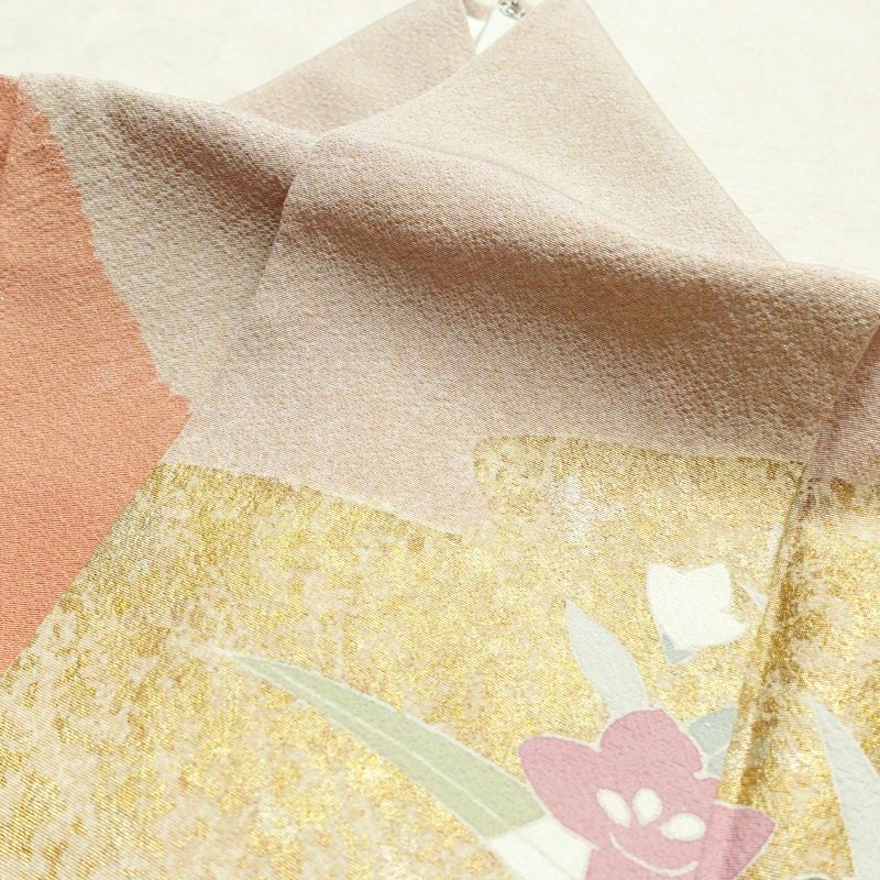 訪問着 良品 縮緬 絞り 一つ紋付き 正絹 花柄 袷仕立て 身丈162cm 裄丈67cm 箔 菊 フォーマル 着物 ピンク_画像17