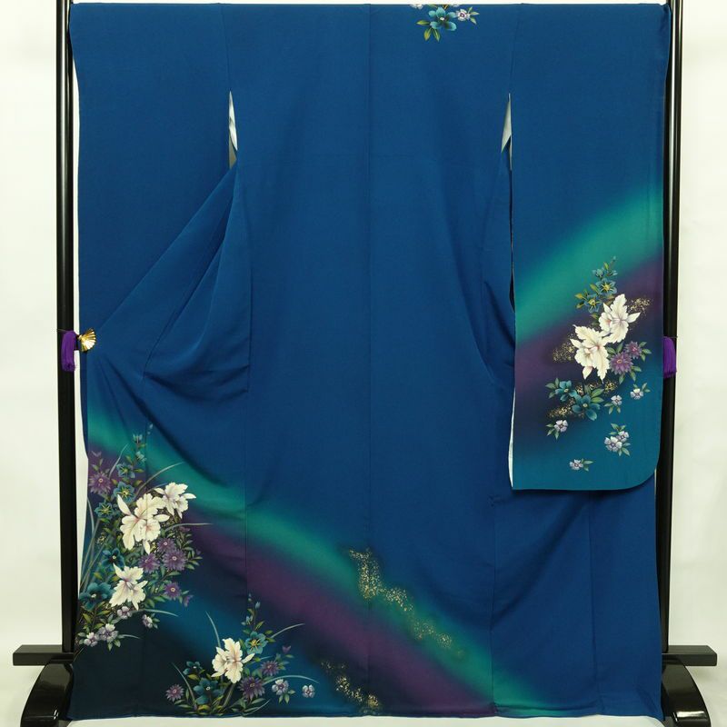 振袖 縮緬 正絹 花柄 袷仕立て 身丈172.5cm 裄丈70cm 箔 金彩 フォーマル 二十歳 着物 青・紺_画像1