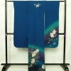 振袖 縮緬 正絹 花柄 袷仕立て 身丈172.5cm 裄丈70cm 箔 金彩 フォーマル 二十歳 着物 青・紺_画像2