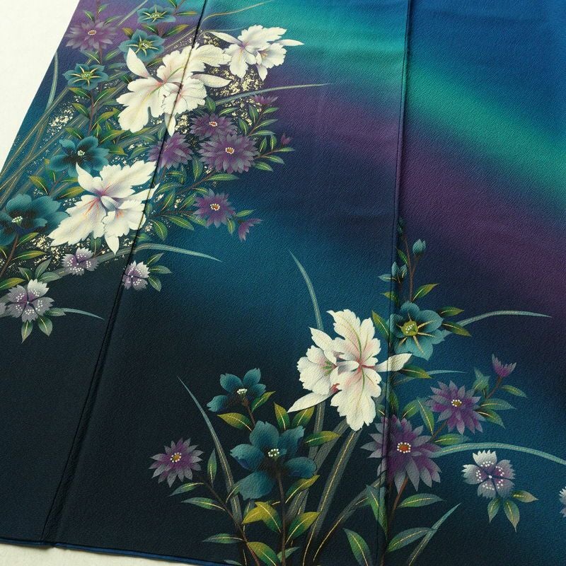 振袖 縮緬 正絹 花柄 袷仕立て 身丈172.5cm 裄丈70cm 箔 金彩 フォーマル 二十歳 着物 青・紺_画像4